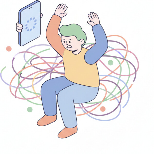 Illustration of a frustrated person surrounded by tangled lines, holding a tablet with a loading spinner